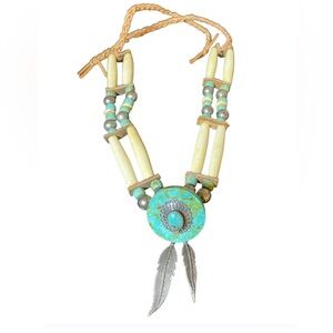 Vtg Tribal Native American Buffalo Bone Blue Moon Turquoise Pendant Necklace